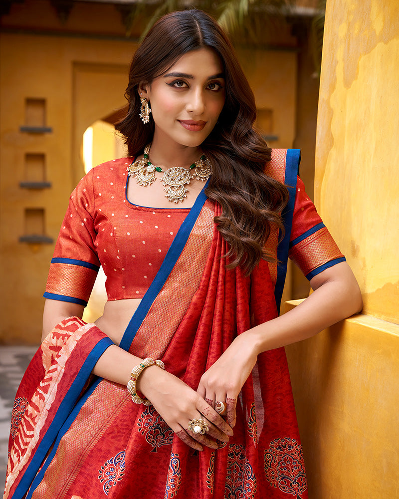 Rust Orange Color Dola Silk Batik Printed Lehenga Choli