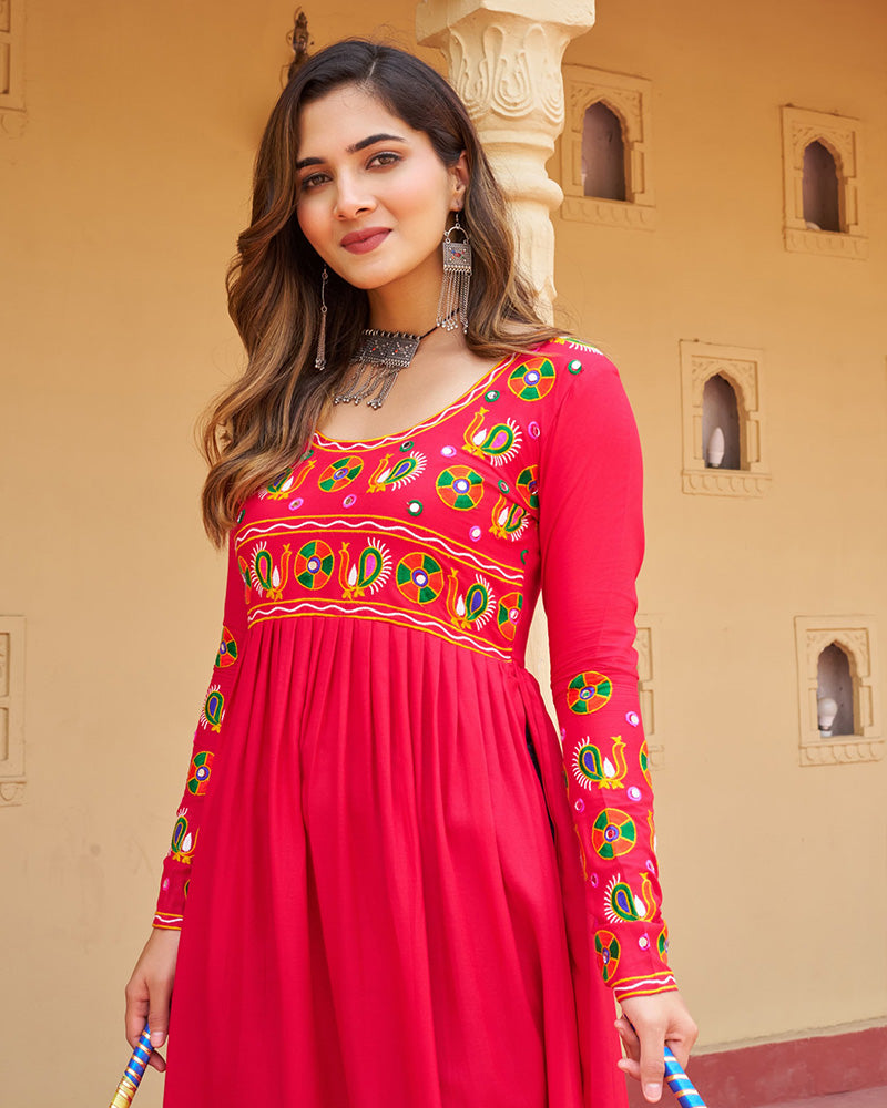 Traditional Pink Pure Rayon Embroidered Navratri Kurti