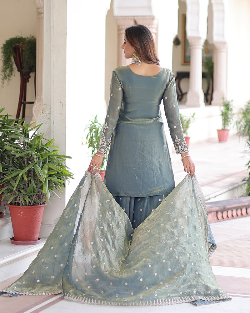 Grey Color Fendi Silk Embroidered Sharara Suit