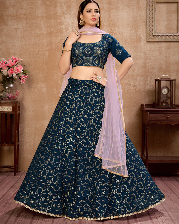 Navy Blue Color Georgette Semi Stitched Lehenga Choli