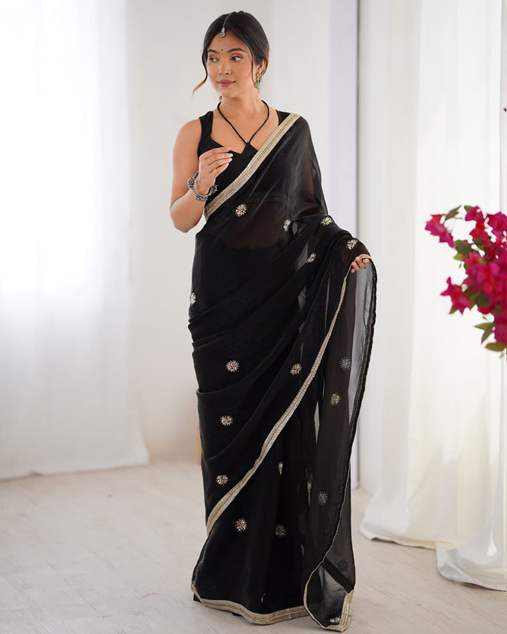 Black Color Smooth Fandy Embroidered Saree