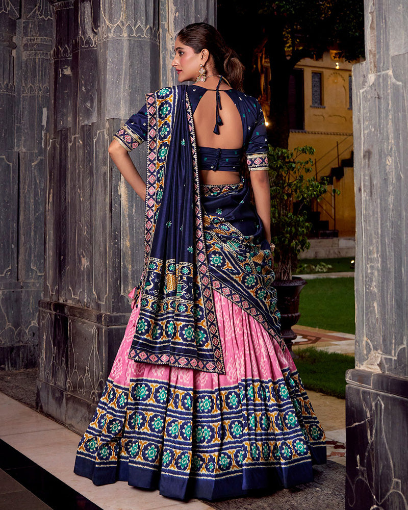 Pink And Navy Blue Ikkat Printed Tasar Silk Lehenga Choli