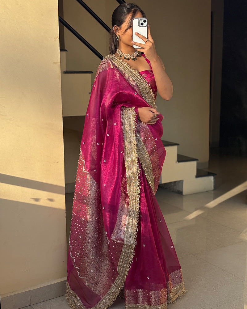 Rani Pink Color Soft Banarasi Silk Gold Stone Work Saree