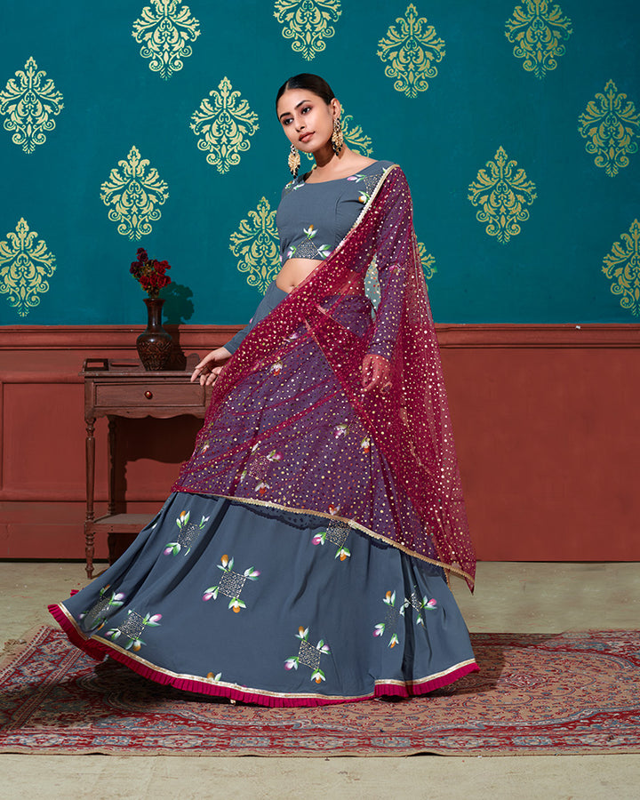 Blue Magenta Color Georgette Semi Stitched Lehenga Choli