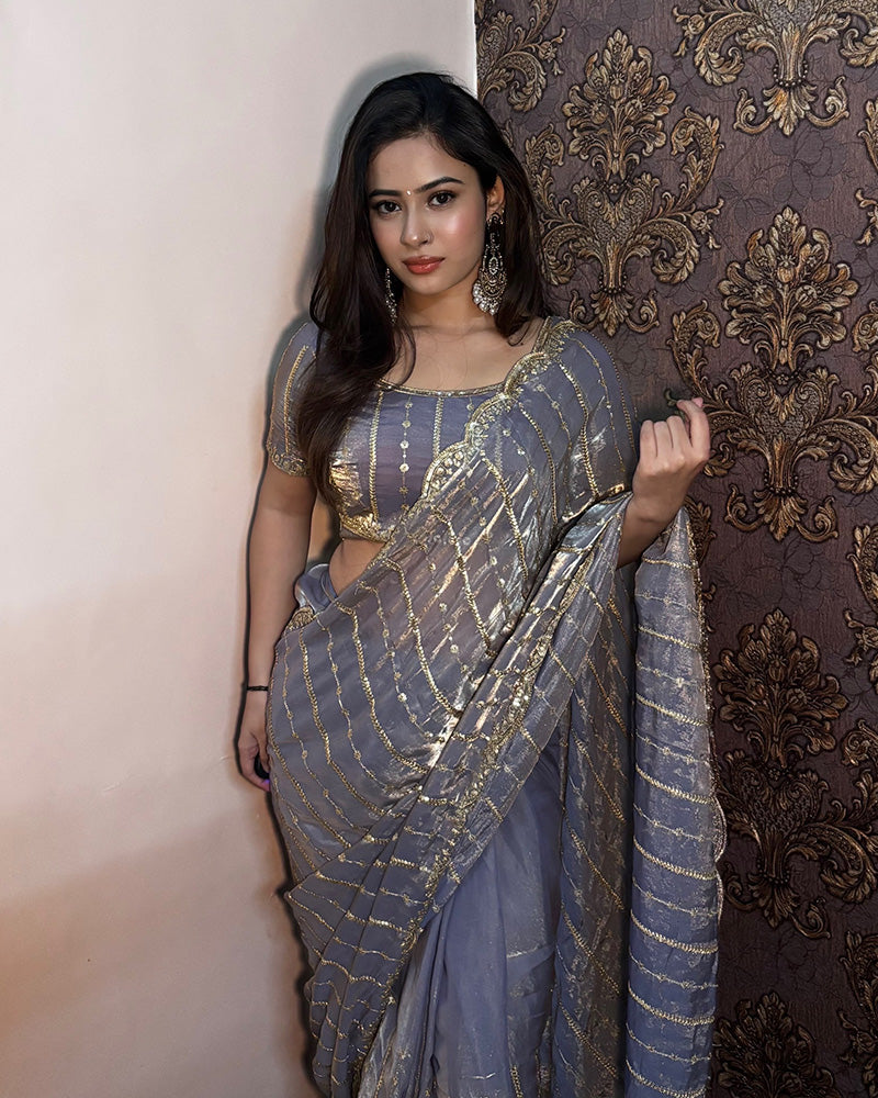 Dusty Blue Color Soft Space Silk Saree