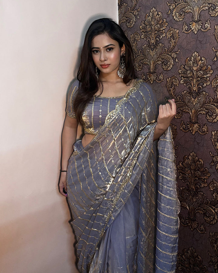 Dusty Blue Color Soft Space Silk Saree
