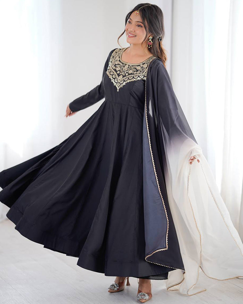 Black Color Soft French Crape Embroidered Anarkali Suit