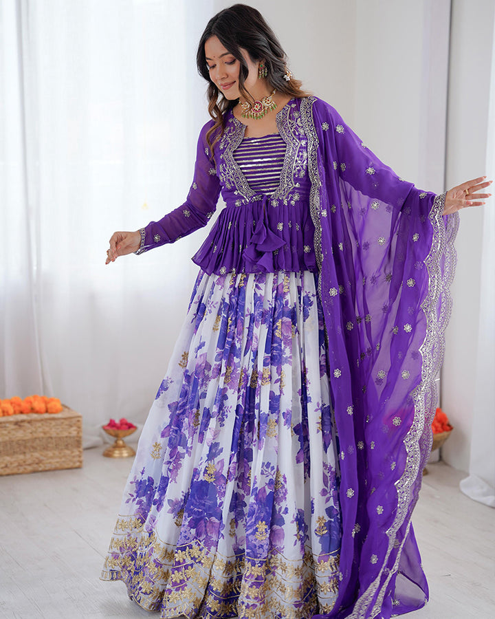 Purple Color Georgette Printed And Embroidered Lehenga Choli