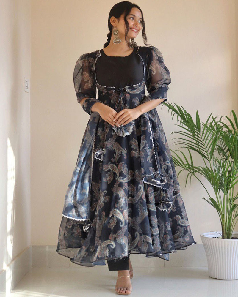 Black Color Georgette Printed Three Piece Anarkali Suit