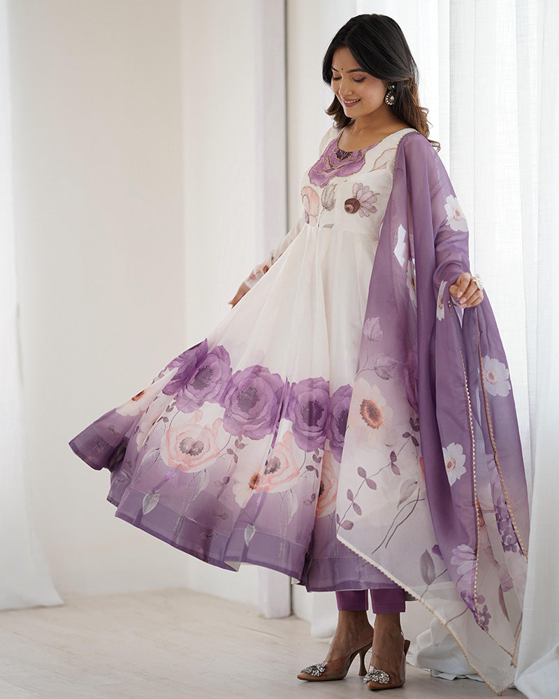 Violet Color Floral Pure Soft Tebby Organza Three Piece Anarkali Suit