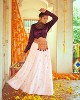 Purple And White Color Cotton Printed Fully Stitched Navratri Lehenga Choli