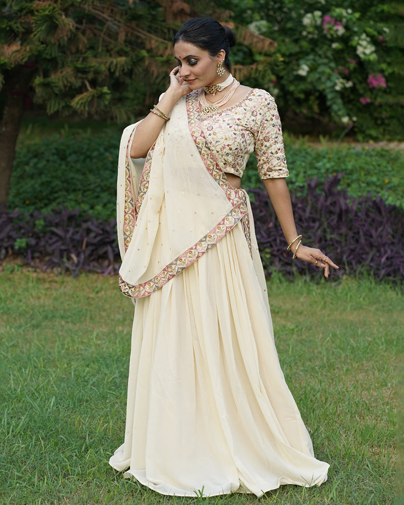 Off-White Color Georgette Thread Embroidered Lehenga Choli