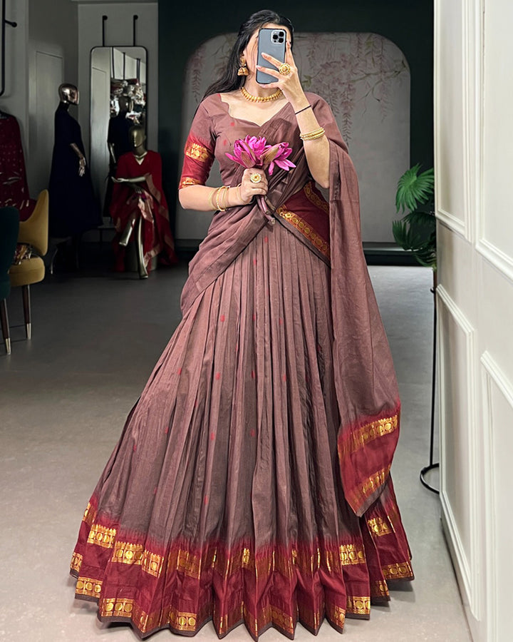 Elegant Brown Pure Chanderi Half Saree With Zari Weaving