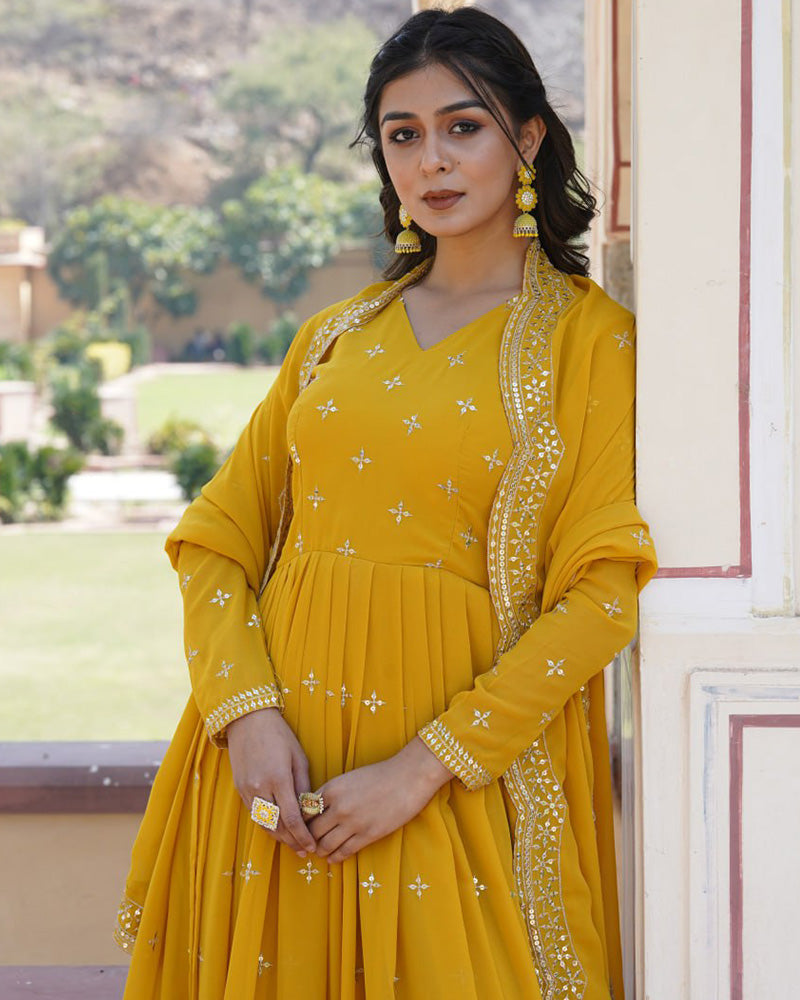 Yellow Color Full Flair Anarkali Gown With Embroidered Dupatta
