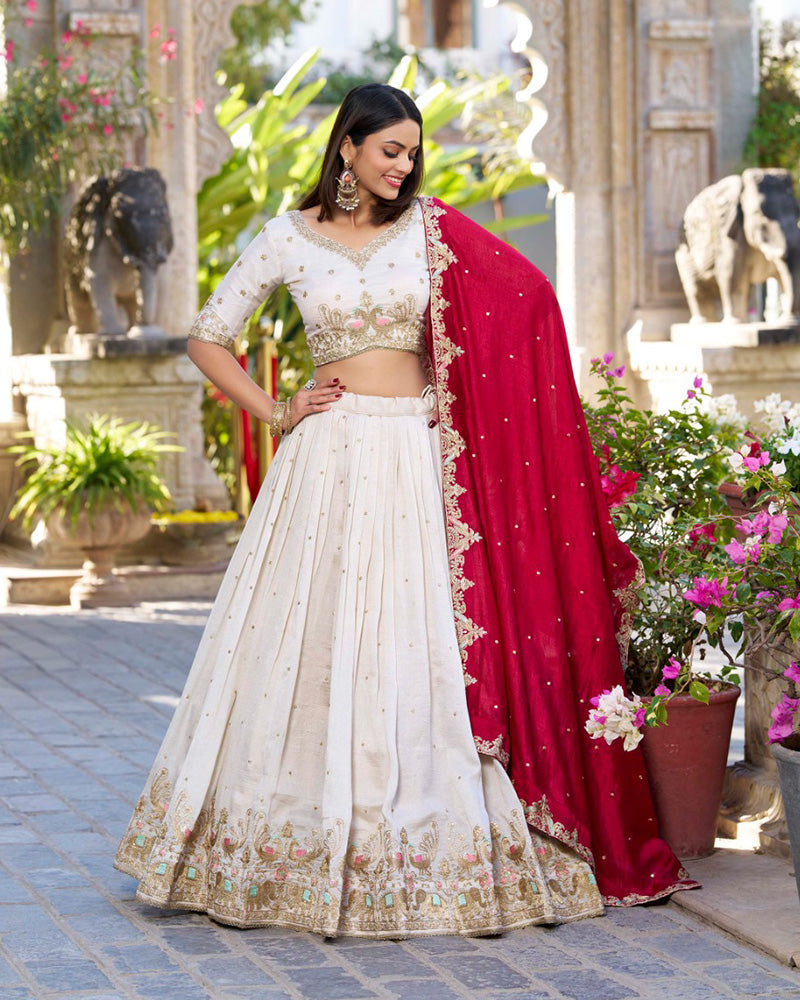 Off-White Color Vichitra Silk Thread Embroidered Lehenga Choli