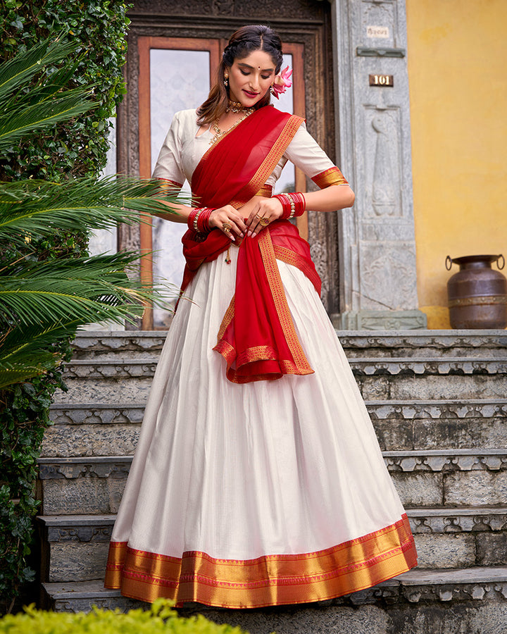 Designer White Color Poly Cotton Half Saree