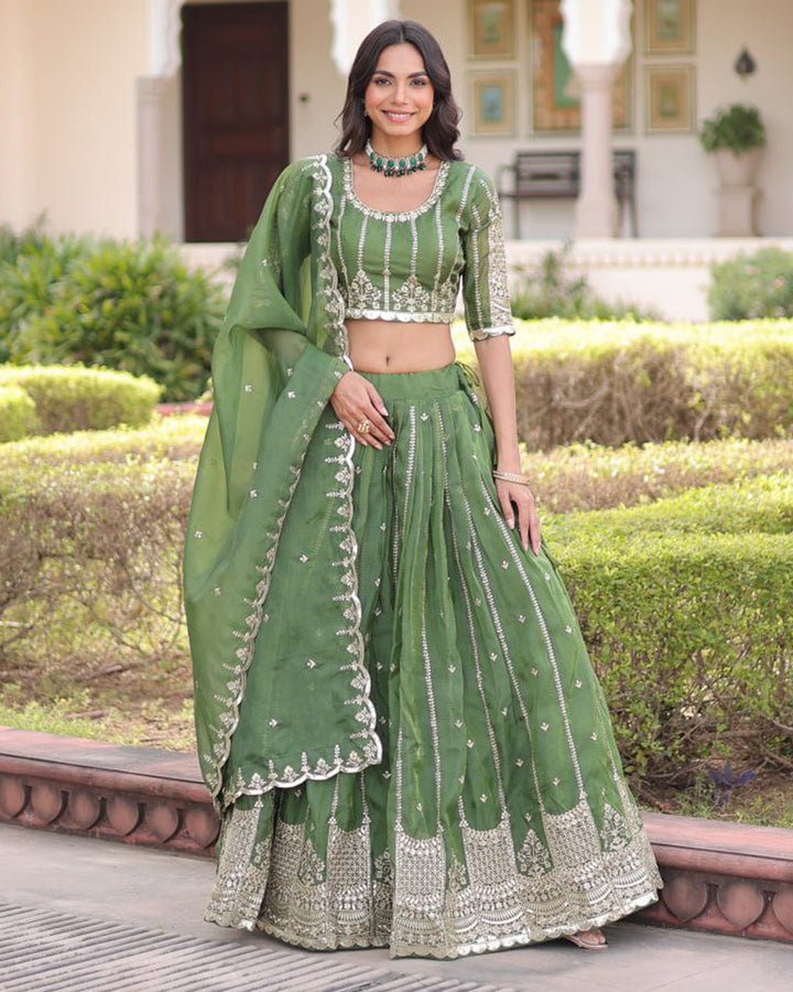 Mehndi Green Color Gold Crush Embroidered Lehenga Choli