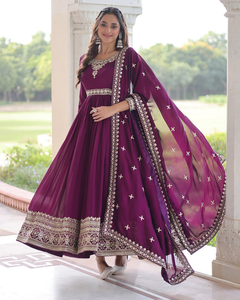 Royal Magenta Color Vichitra Silk Embroidered Gown