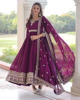 Royal Magenta Color Vichitra Silk Embroidered Gown