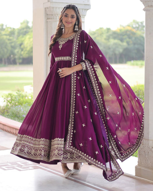 Royal Magenta Color Vichitra Silk Embroidered Gown