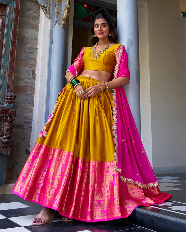 Mustard Color Narayan Pattu Silk Designer Half Saree