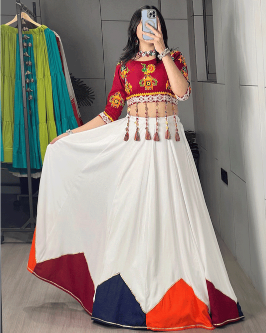 White And Maroon Color Rayon Cotton Navratri Lehenga Set