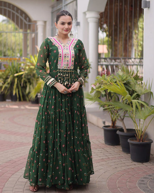 Green Color Faux Georgette Leheriya Print Navratri Gown