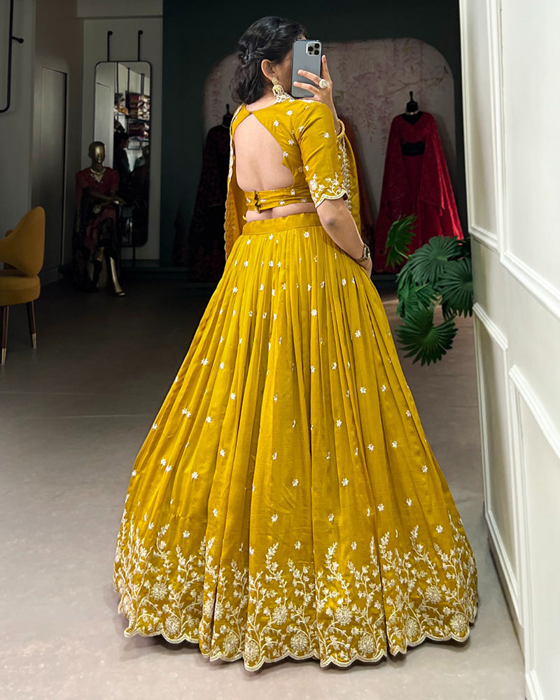 Mustard Color Vichitra Silk Thread Embroidered Lehenga Choli