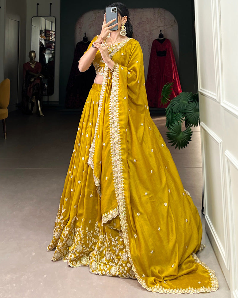 Mustard Color Vichitra Silk Thread Embroidered Lehenga Choli