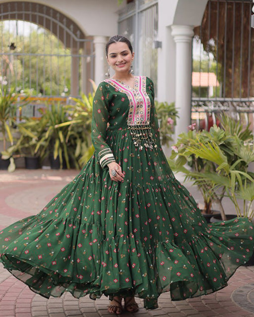 Green Color Faux Georgette Leheriya Print Navratri Gown