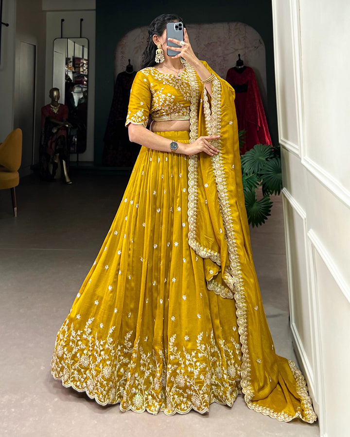 Mustard Color Vichitra Silk Thread Embroidered Lehenga Choli