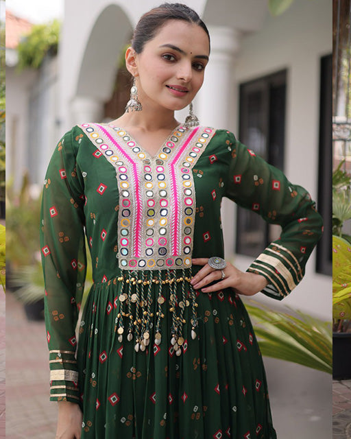 Green Color Faux Georgette Leheriya Print Navratri Gown