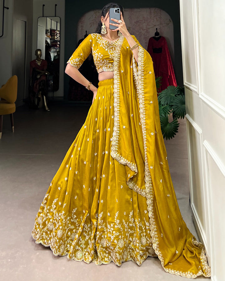 Mustard Color Vichitra Silk Thread Embroidered Lehenga Choli