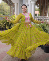 Mehendi Color Faux Georgette Leheriya Print Navratri Gown