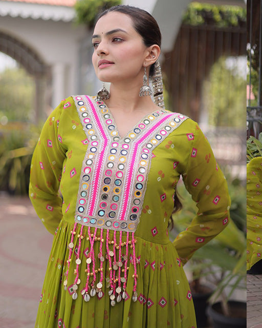 Mehendi Color Faux Georgette Leheriya Print Navratri Gown