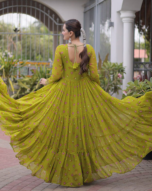 Mehendi Color Faux Georgette Leheriya Print Navratri Gown