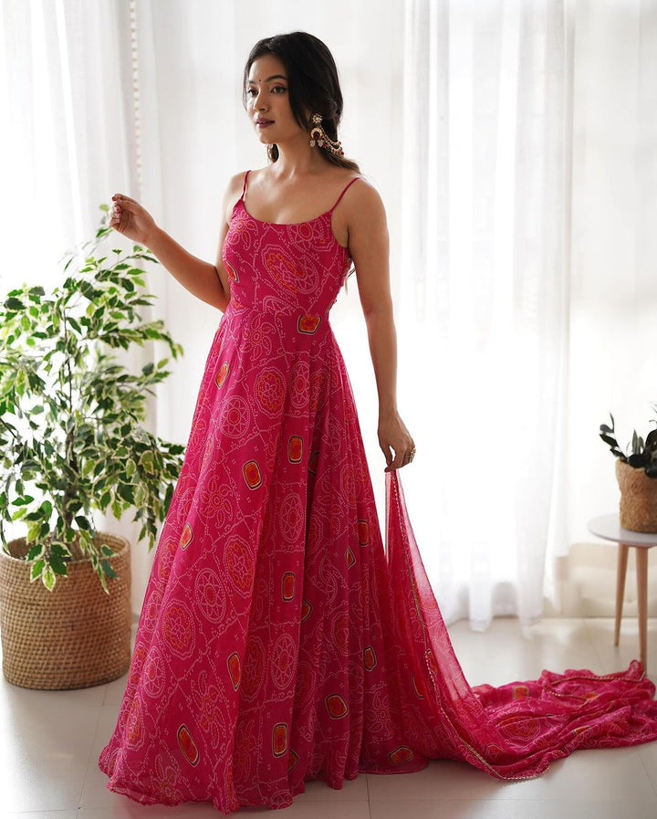 Floral Pink Color Bandhani Print Soft Chiffon Three Piece Anarkali Gown
