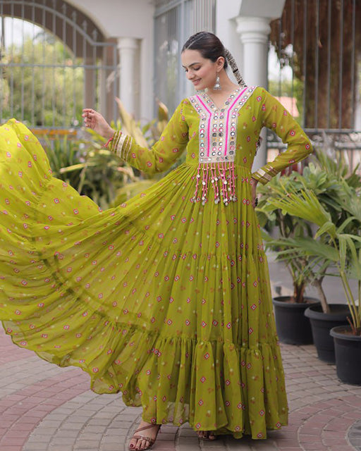 Mehendi Color Faux Georgette Leheriya Print Navratri Gown