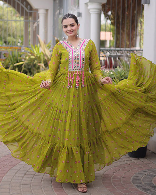 Mehendi Color Faux Georgette Leheriya Print Navratri Gown