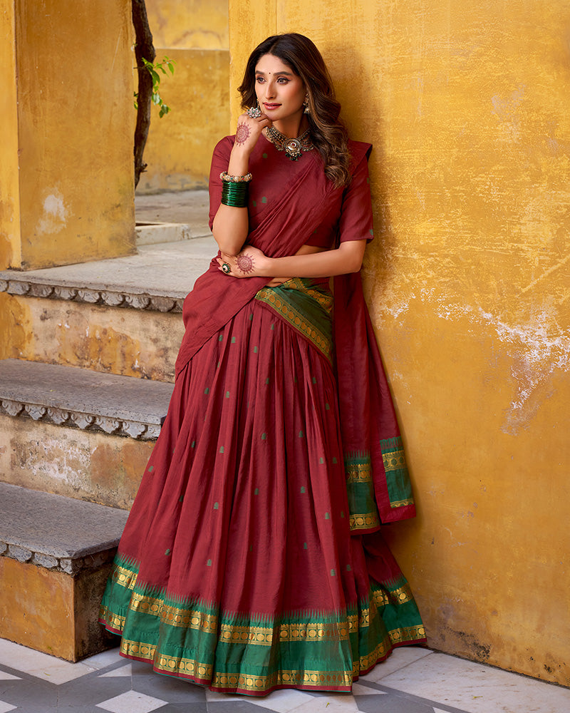 Elegant Maroon Chanderi cotton half saree lehenga choli