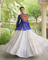 Blue Color Bandhani Printed With Kora Cotton Navratri Lehenga Set