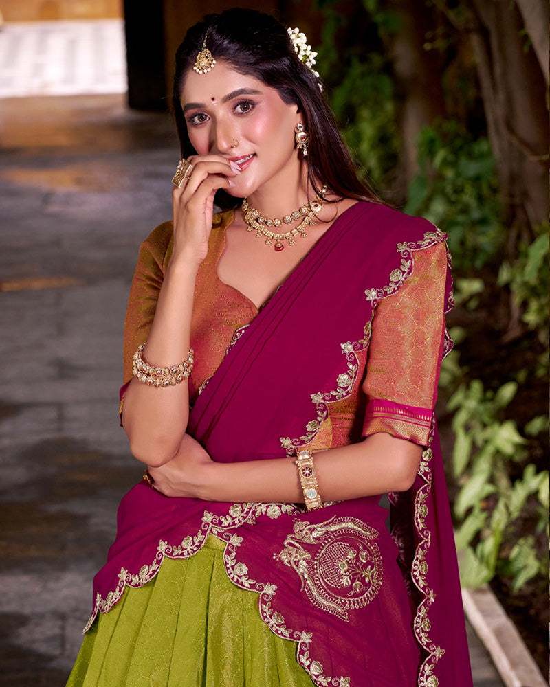Designer Parrot Green Color Kanchipuram Zari Weaving Half Saree