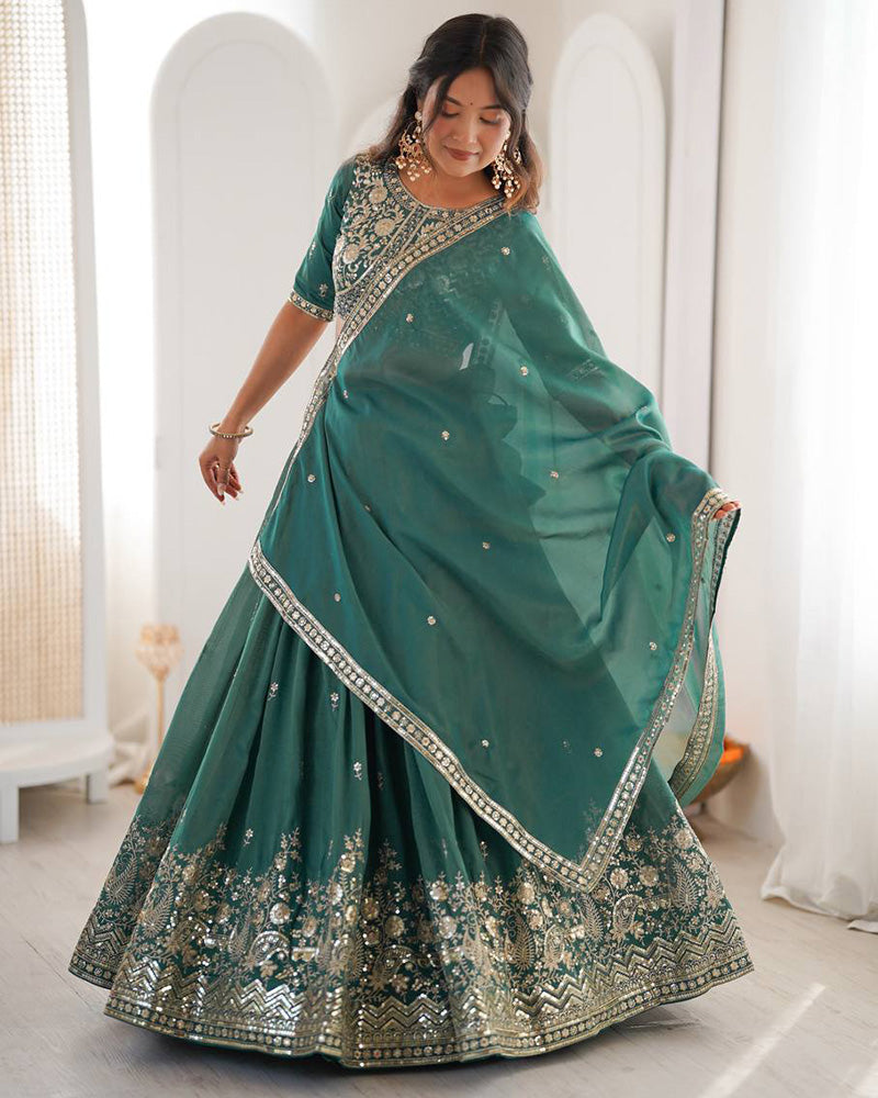 Teal Green Color Shimmer Silk Lehenga Choli