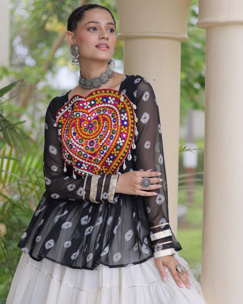 Black Color Bandhani Printed With Kora Cotton Navratri Lehenga Set