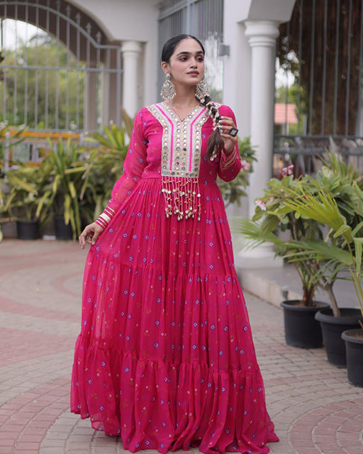 Rani pink Color Faux Georgette Leheriya Print Navratri Gown