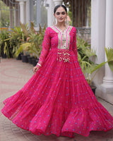 Rani pink Color Faux Georgette Leheriya Print Navratri Gown