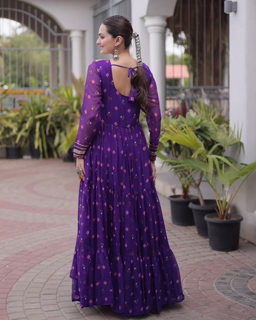 Purple Color Faux Georgette Leheriya Print Navratri Gown