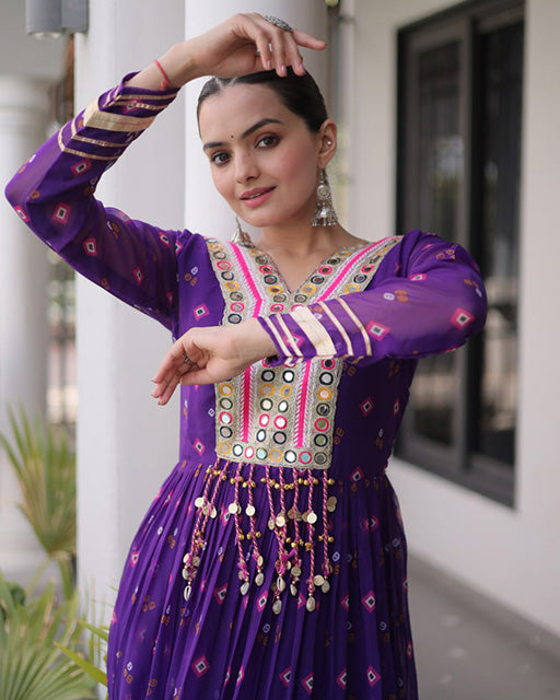 Purple Color Faux Georgette Leheriya Print Navratri Gown