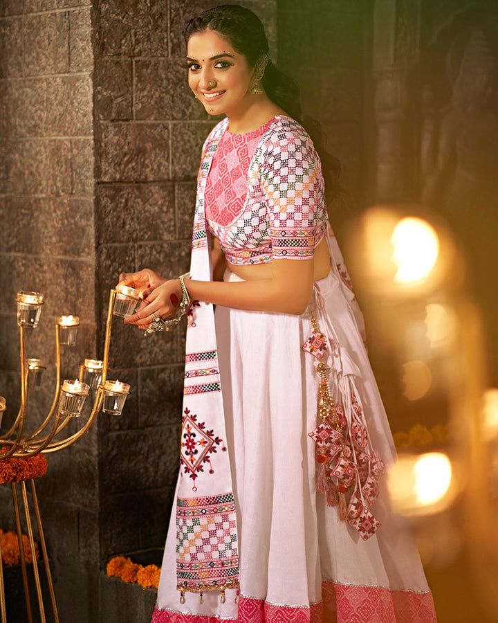 Pink And White Color Jacquard Cotton Thread With Mirror Work Navratri Lehenga Choli
