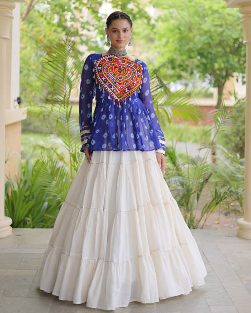 Blue Color Bandhani Printed With Kora Cotton Navratri Lehenga Set
